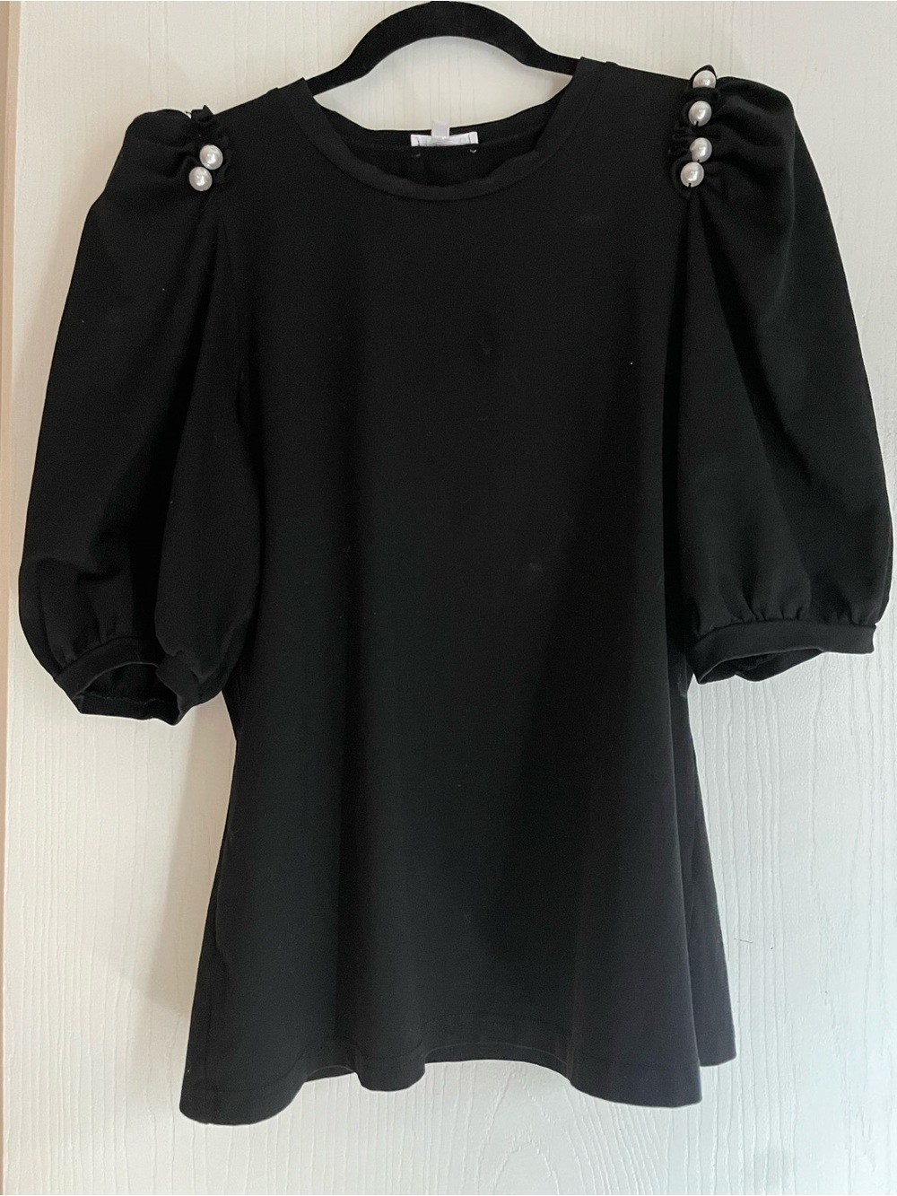 TCEC Black Puff Sleeve Top with Pearl Shoulder Buttons